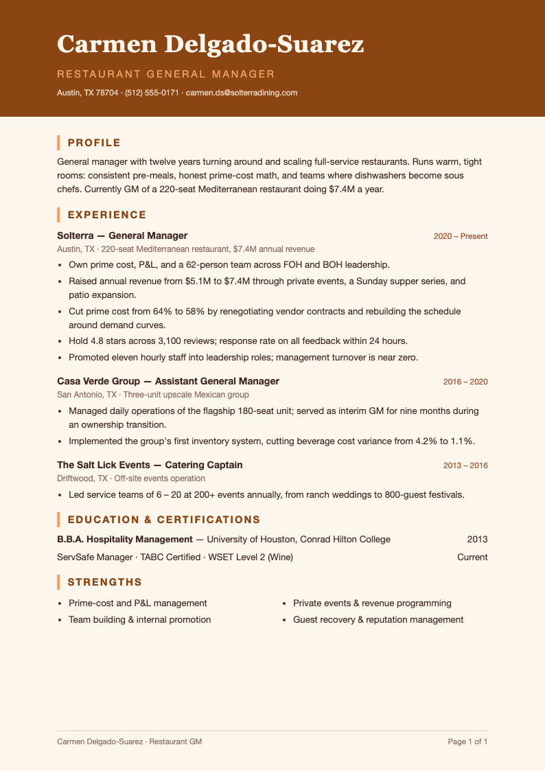 Terracotta sun resume - A terracotta Resume template with a warm clay header band and sun-barred section titles, served for restaurant GMs and hospitality operators.